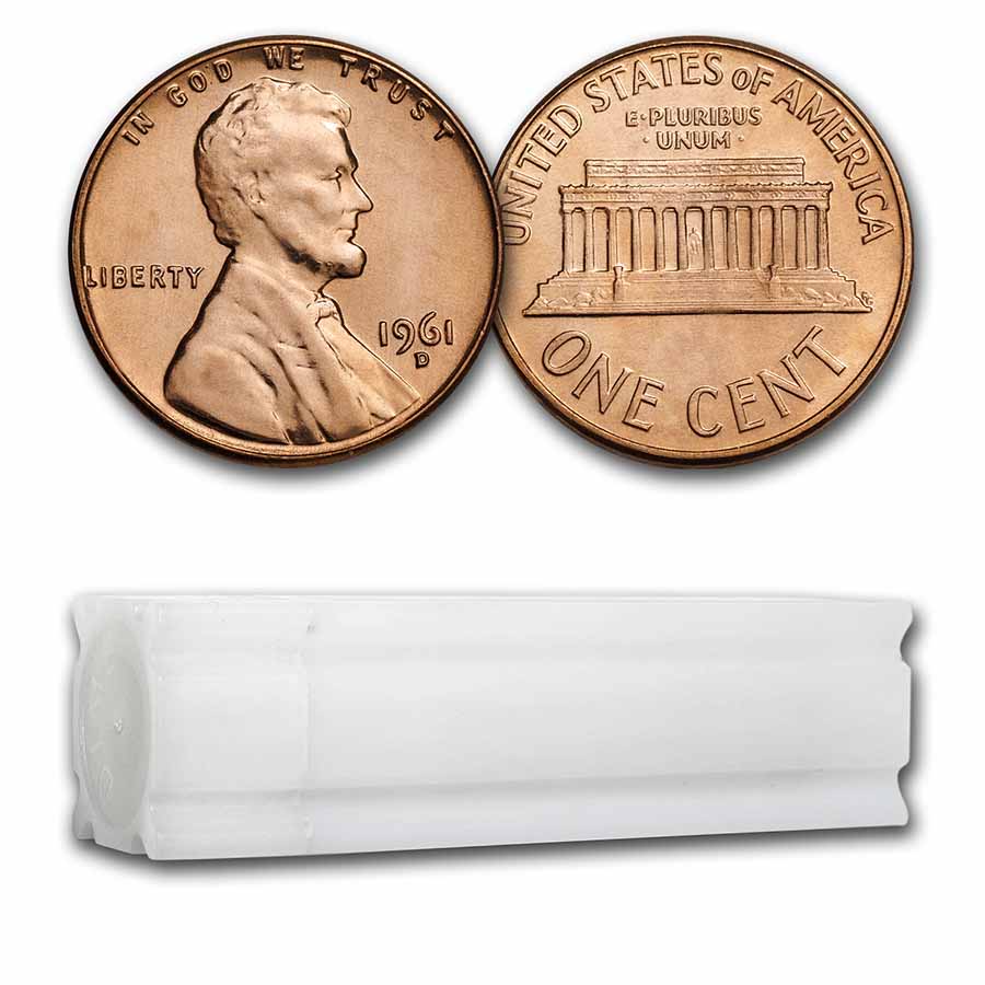 1961 D Lincoln Memorial Cent Penny Roll 50 Uncirculated Coins